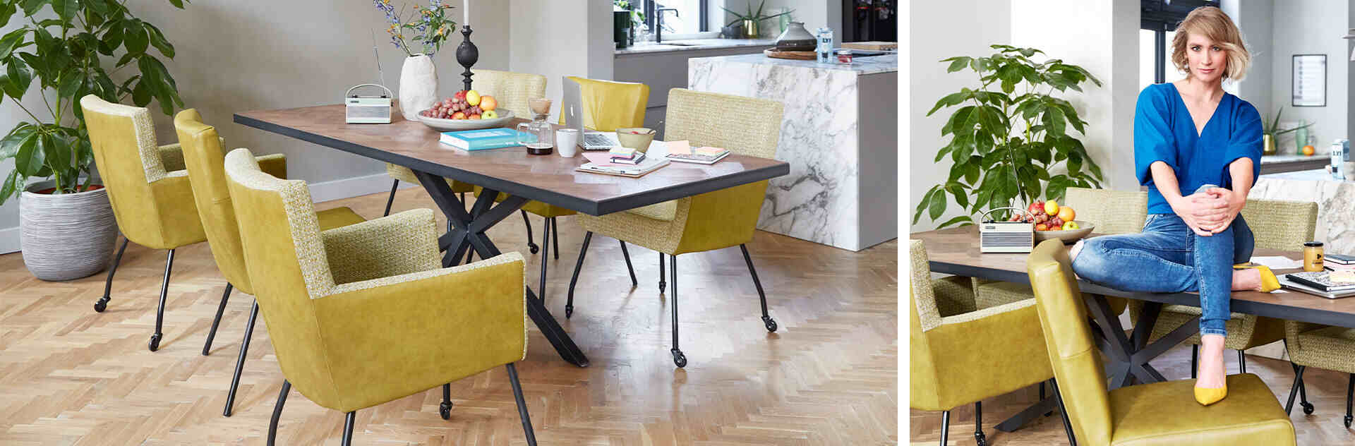 Mento Taranto tafel met gele eetkamerstoelen