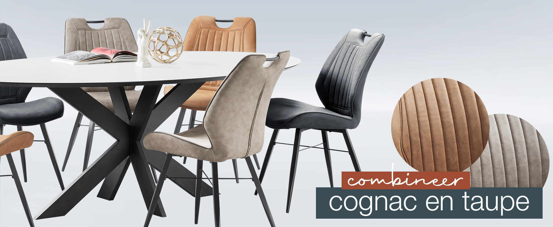 Cognac en taupe eetkamerstoelen