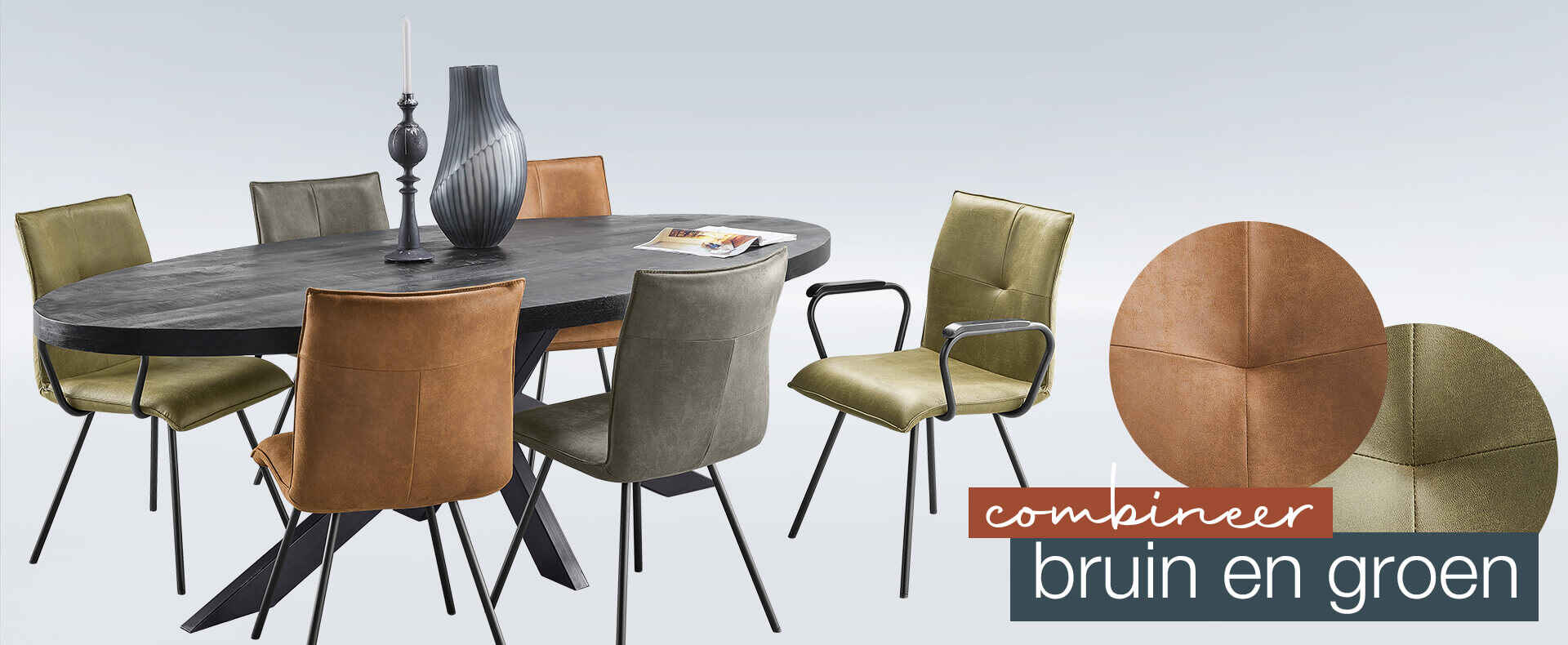 Bruine en groene eetkamerstoelen