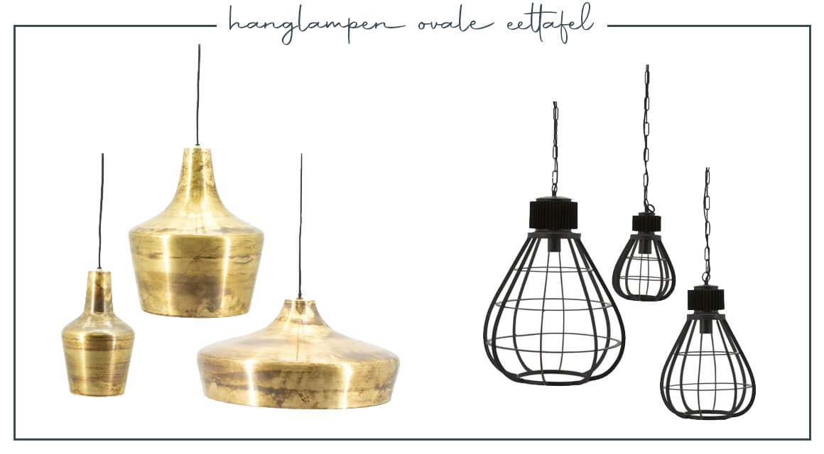 Hanglampen voor boven een ovale eettafel