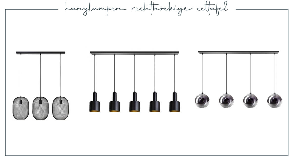 Hanglampen voor boven een rechthoekige eettafel