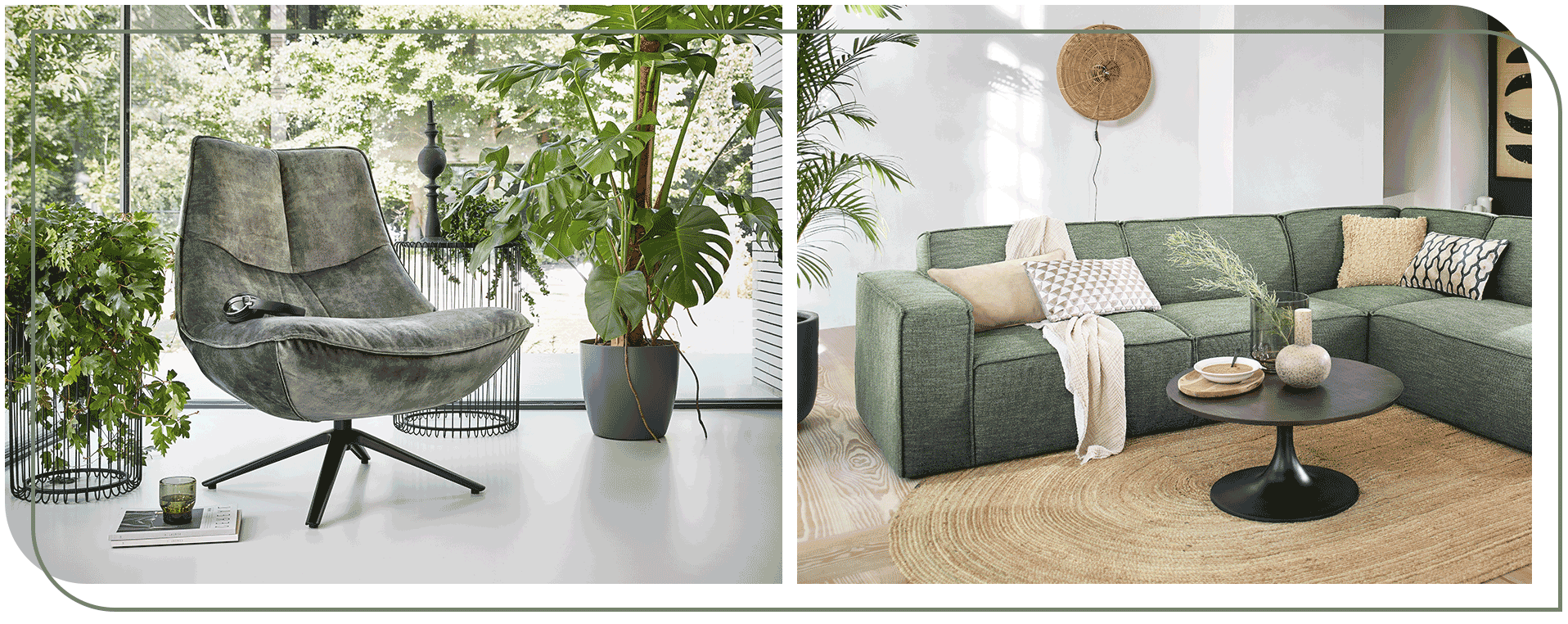 Groende fauteuil en groene hoekbank - INHOUSE
